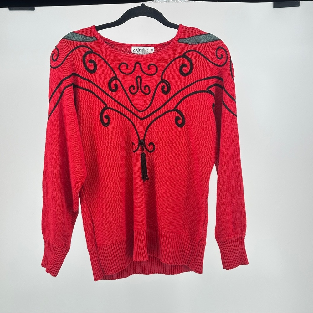 Vintage 80’s Women’s Medium Red Crewneck Sweater with Black Scroll Detail Tassel